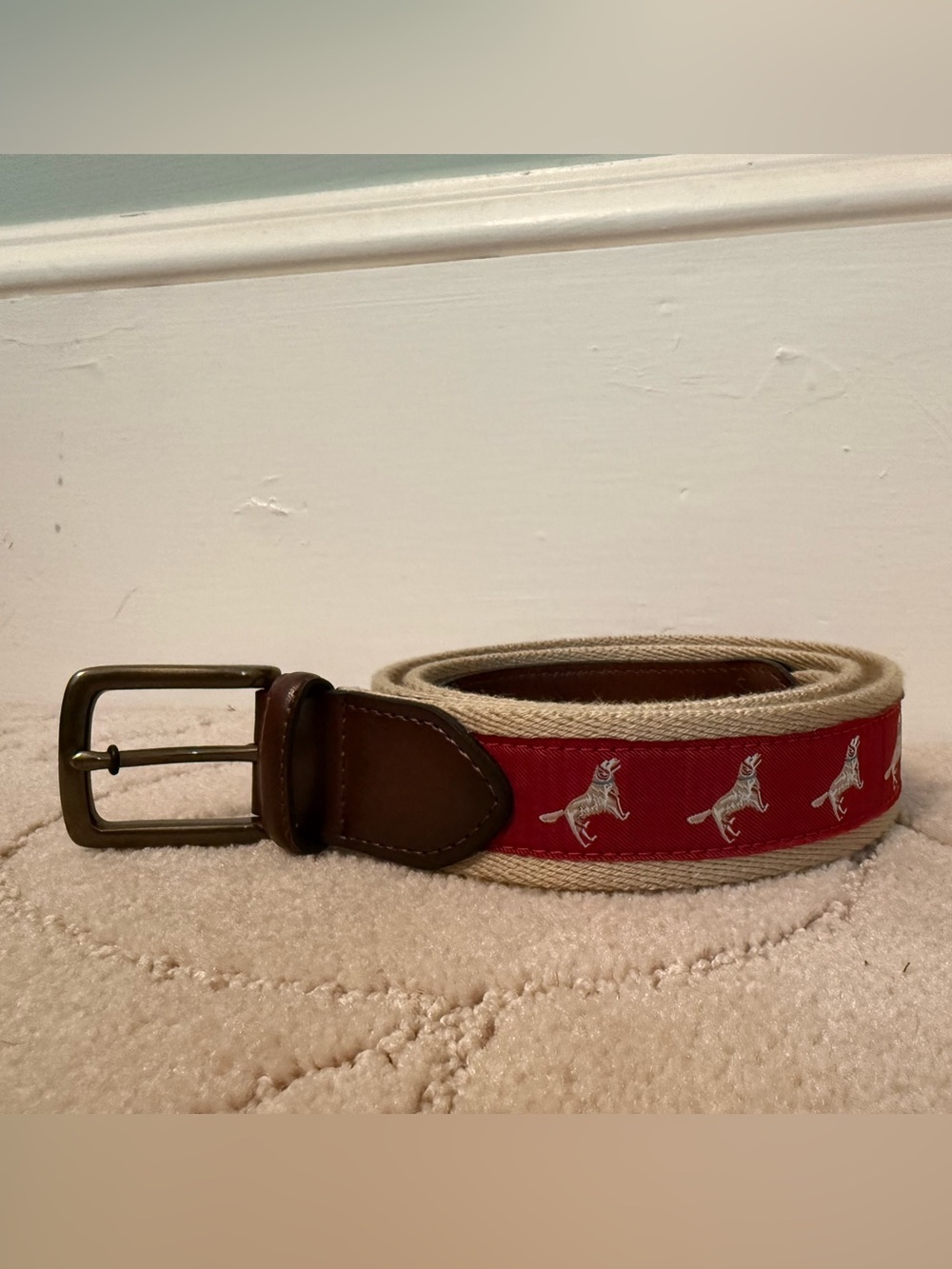 Men’s Red Fox Motif Canvas & Leather Belt – Size 38